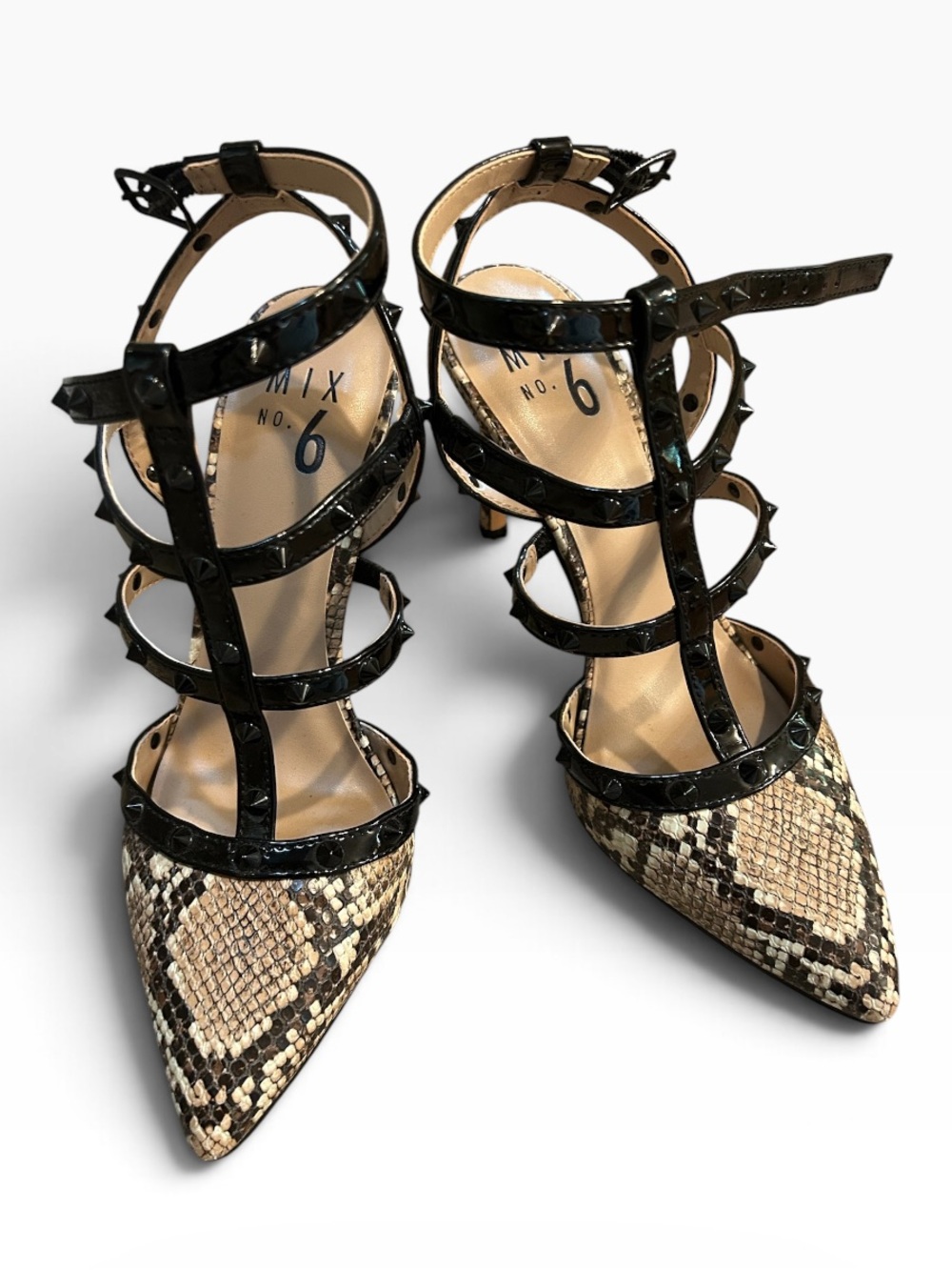 Mix No. 6 Rock Stud Snake-Print Pointed Toe Heels